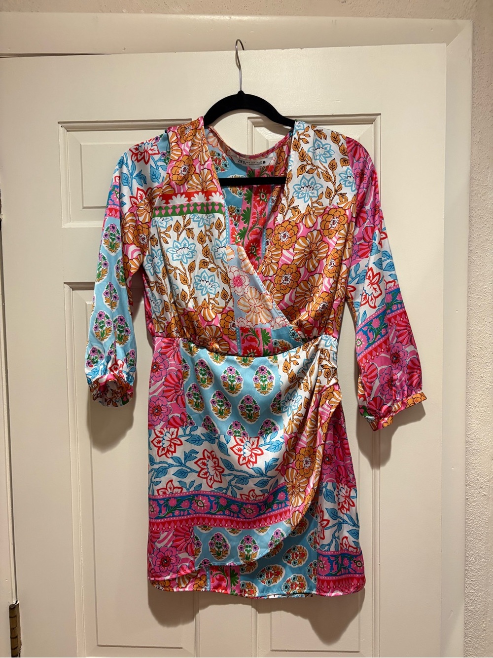 Zara Vibrant Floral Wrap Dress in Pink, Aqua & Gold
